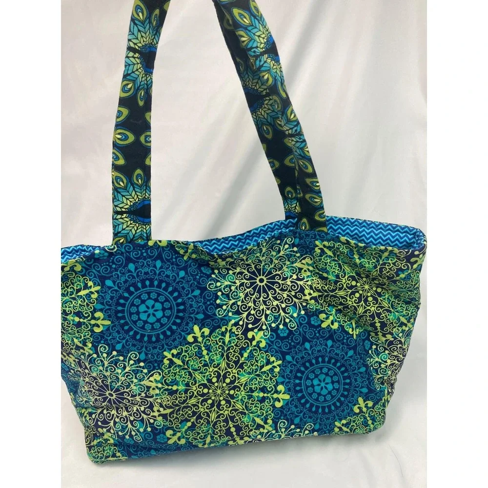 Handmade Peacock-Pattern Quilted Tote Bag – Blue/Green‎ Fabric – 13" x 5" x 10" - Picture 3 of 11